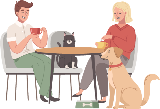 Illustration d'une famille à table avec un chien et un chat