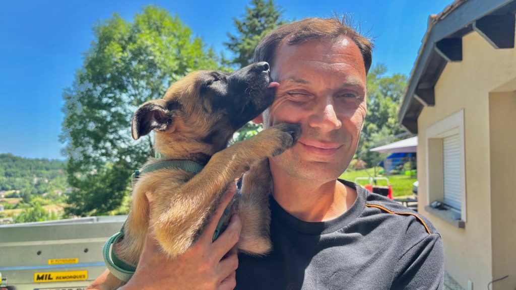 Des Gardiens Cathares élevages de bergers belges malinois : l'éleveur et un chiot